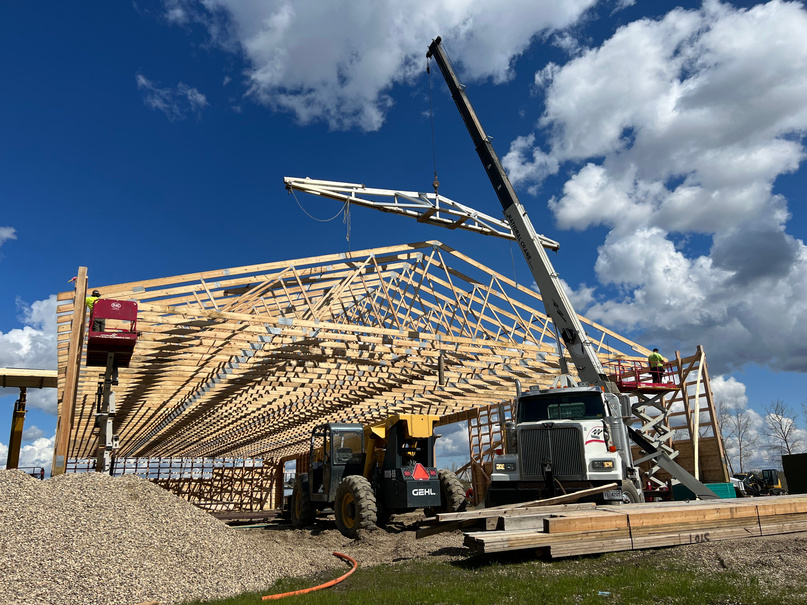 Trusses being set with a crane