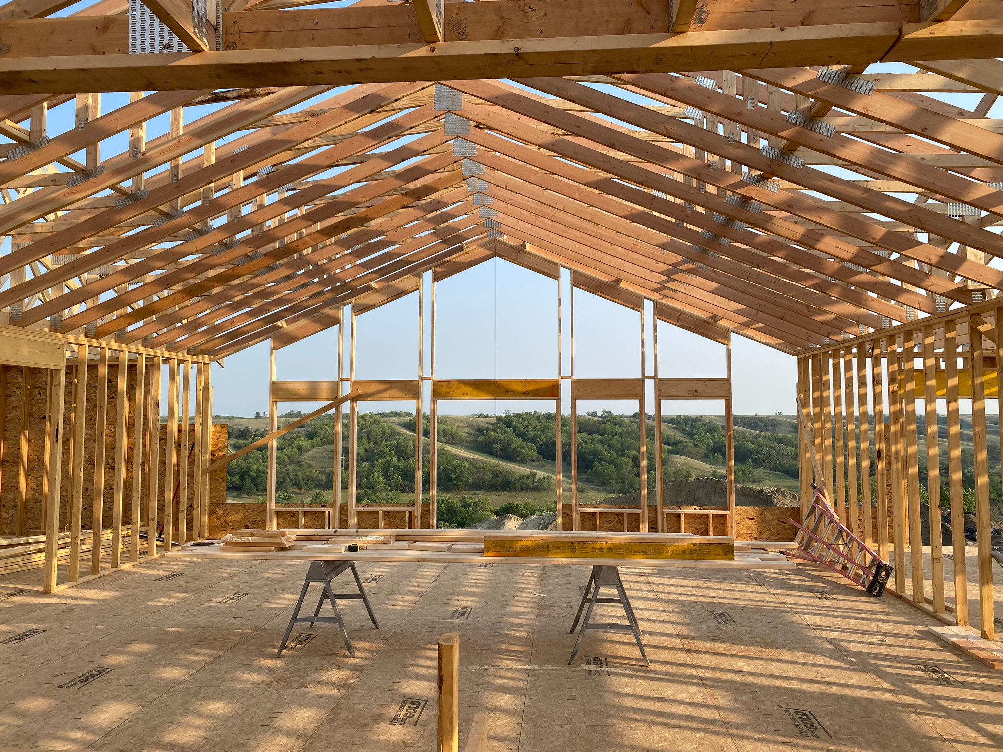 Framed interior with large windows