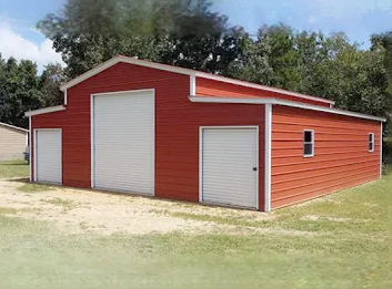 Red storage building with overhead doors